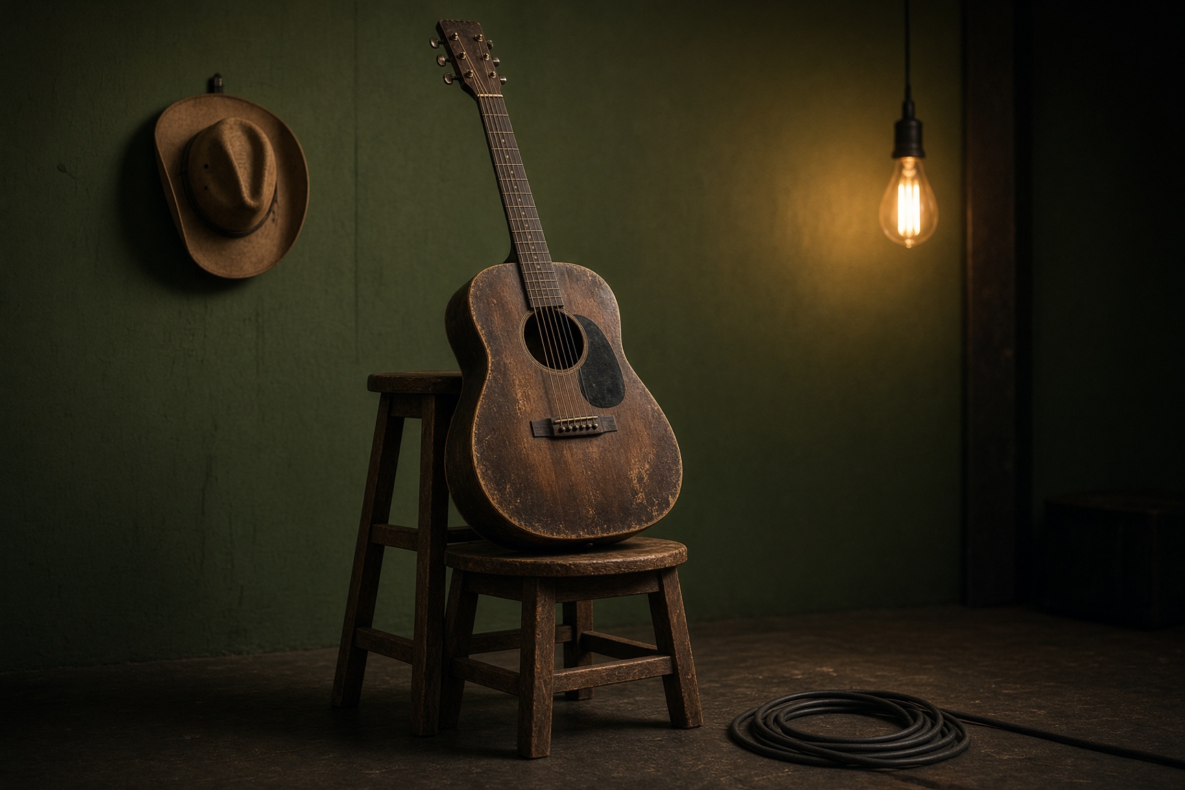 Acoustic guitar on a backstage stool