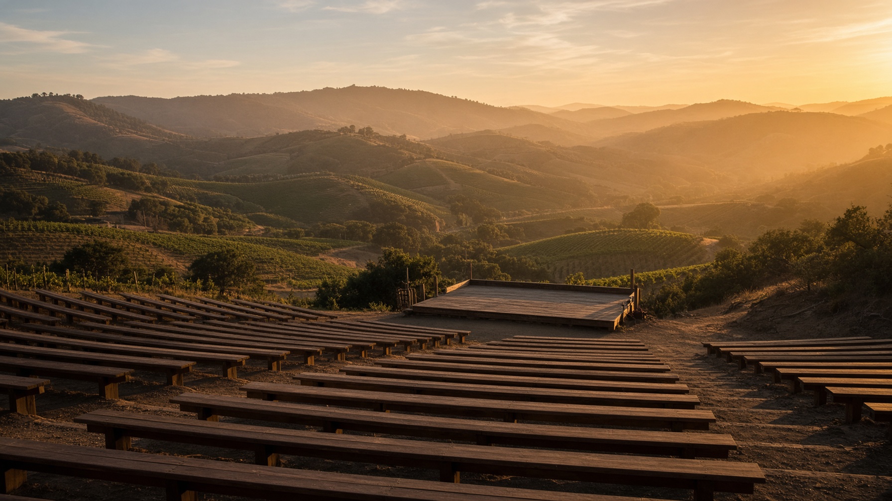 Empty wine-country amphitheater at golden hour