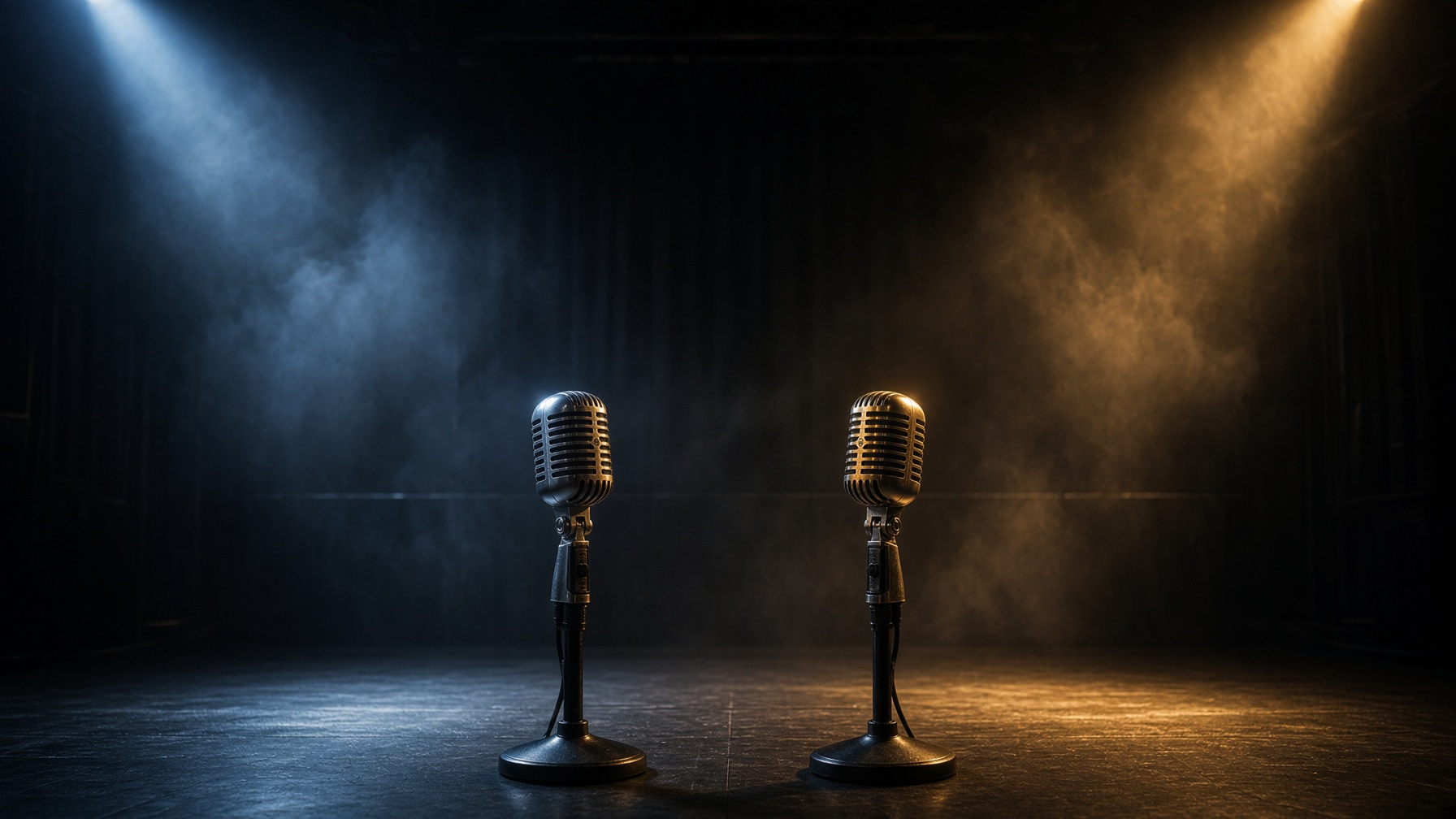 Split-lit stage with two vintage microphones