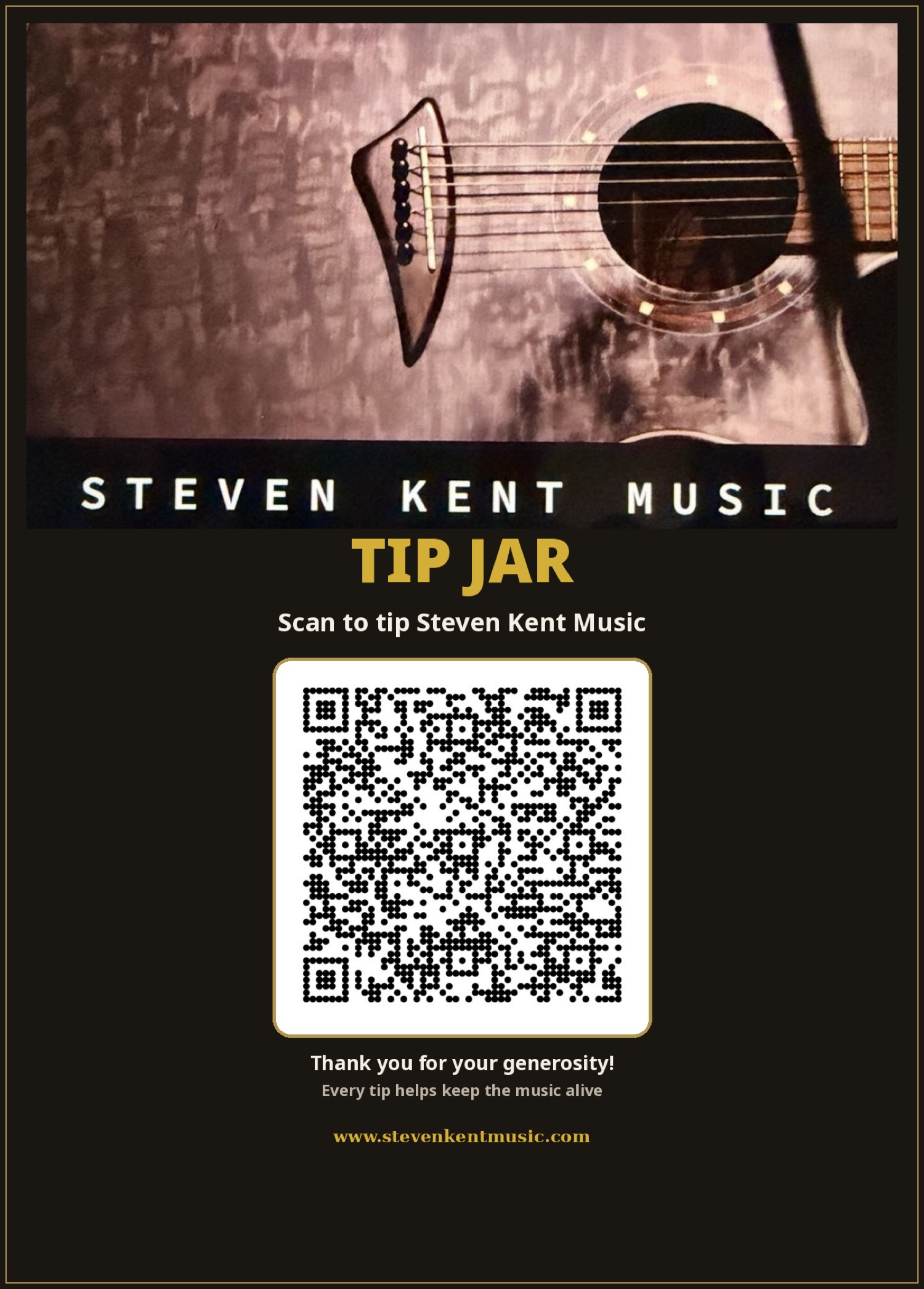 Steven Kent Music tip jar poster with Venmo QR